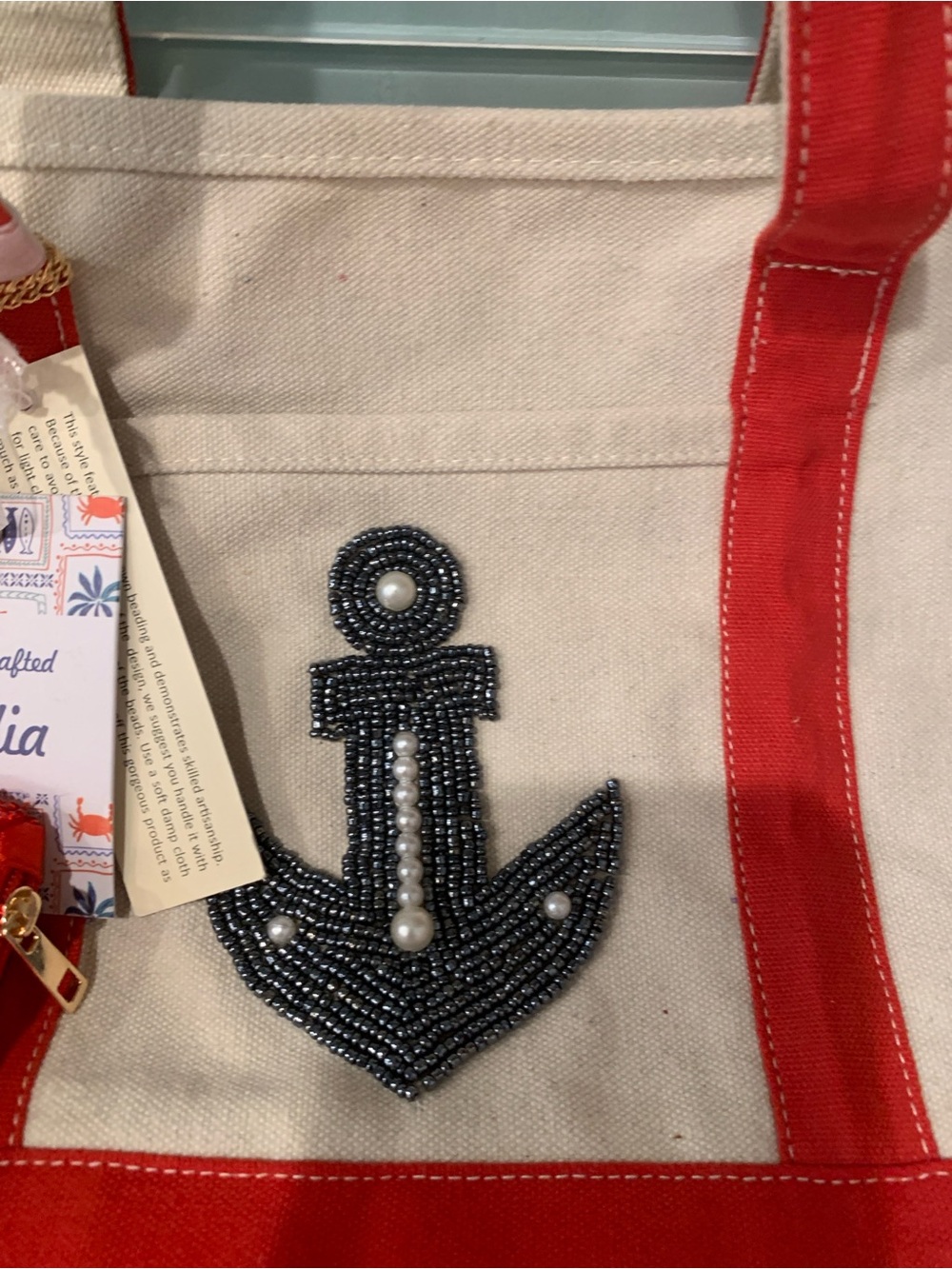Small Canvas Tote Beaded Nautical Anchor Red Trim and Beaded Chain Pouch NWT - Picture 14 of 14
